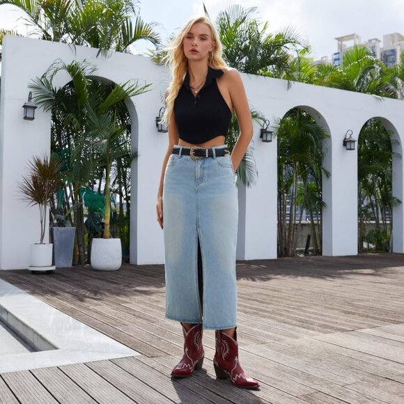 Women's Metallic Embroidered Pointed Toe Cowgirl Boots Chunky Pull-On Wine Red - Picture 5 of 6